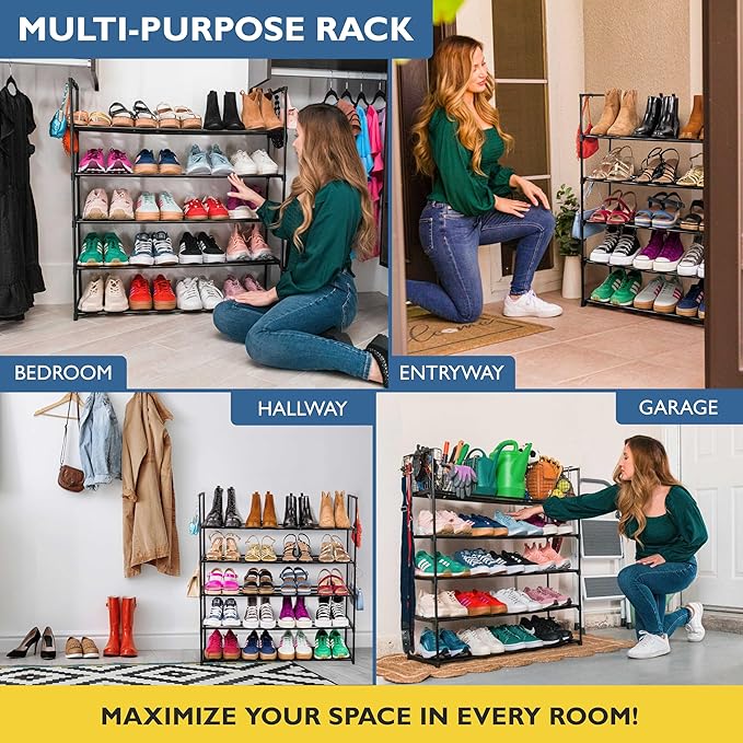 Sundaze Shoe Rack - 5 Tier Metal Shoe Rack for Front Door Entrance, Sturdy Long Shoe Organizer for Closet, Bedroom, Entryway, Garage, Black Metal Shoe Shelf, Holds Up to 25 Pairs