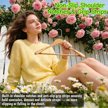 Luxury Wide Shoulder Wooden Coat Hangers with Anti Slip Pants Bar, Solid Wood Thick Jacket Hangers Smooth Finish for Sweater Dress Pants Sport Coats (Natural, 6 Pack), 360° Swivel Pearl Nickel Hook