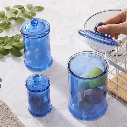 KMwares 3PCs Set Small Glass Premium Quality Apothecary Jars with lids Bathroom Accessories Set for Laundry Room Storage Kitchen/Vanity Organizer Canisters for Cotton Balls, Sponges,Q-Tips(Blue jar)