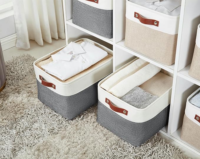 DECOMOMO Storage Bins, Extra Large Fabric Storage Baskets for Shelves, Decorative Linen Closet Organizer, 15.8 x 12.5 x 10 inches (Slate Grey & White, 3 Pack)