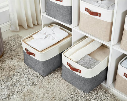 DECOMOMO Storage Bins, Large Fabric Storage Baskets for Shelves, Decorative Linen Closet Organizer, 15 x 11 x 9.5 inches (Slate Grey & White, 3 Pack)