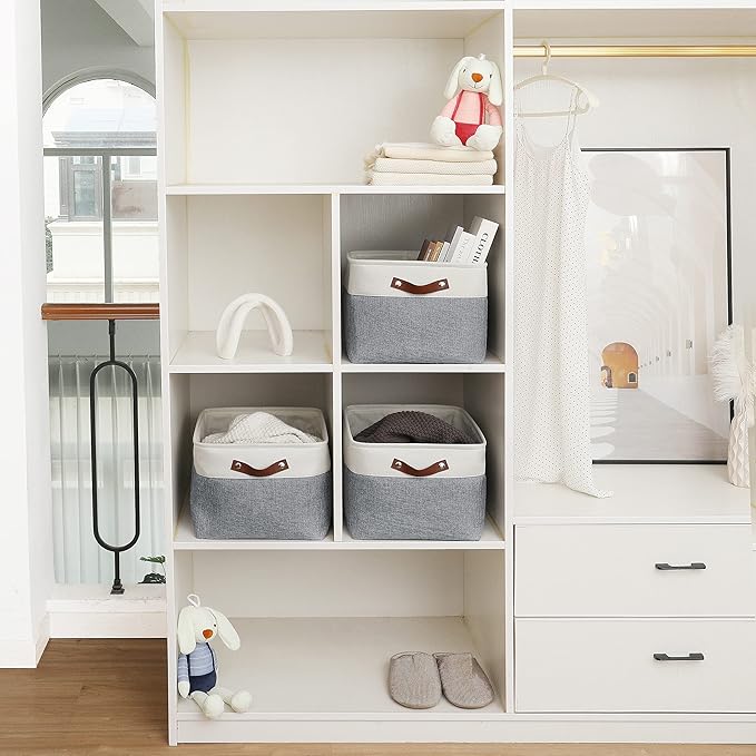 OrganiHaus 16x12.5in Canvas Storage Baskets 3 Pack | EXTRA LARGE Fabric Bins for Shelves | Linen Closet Organizer | Gray/Off-White