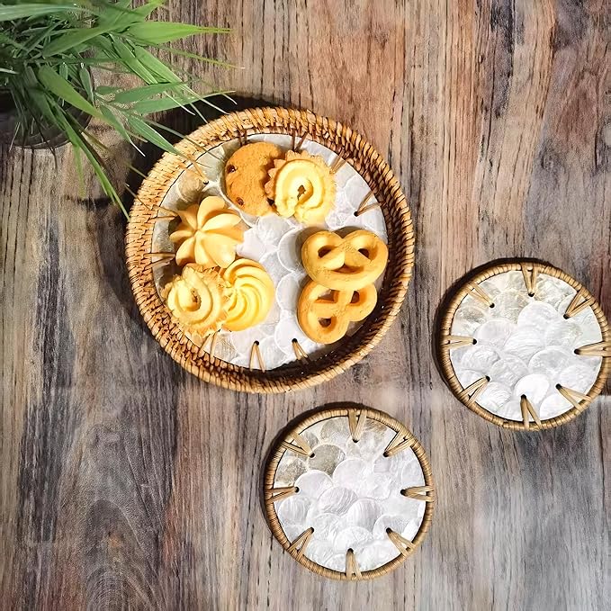 6" Mini Lazy Susan Turntable with 2 Rattan Coasters – Mother of Pearl Rotating Tray for Coffee Bar, Vanity, or Tabletop – Small Boho Decor for Condiments, Perfume & Jewelry Display