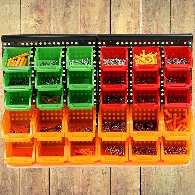 30-Bin Wall Mounted Storage Bins Kit, Tool Organizer Rack, Garage Hardware Organizer, Parts Storage Bins, DIY Combination(Red & Green & Orange Type)