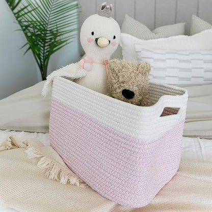 Pink Cotton Rope Basket for Shelf Storage - 15"×10"×9½" - Colorful Decorative Basket for Kids - Nursery, Playroom, Classroom - Toy Storage, Books, Towels