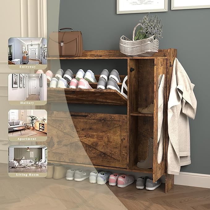 Shoe Storage Cabinet with 2 Flip Drawers, Freestanding Organizer with Metal Legs for Entryway, Narrow Shoe Rack Cabinet