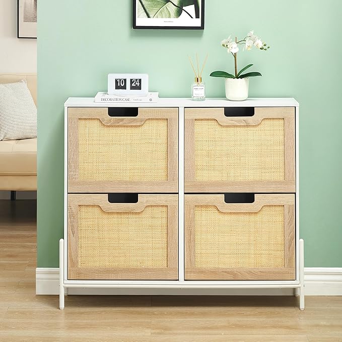 IDEALHOUSE Rattan Shoe Storage Cabinet with 4 Flip Drawers, Freestanding Shoe Organizer with Adjustable Shelves for Entryway, Narrow Shoe Rack Cabinet, Farmhouse Slim Shoe Cabinet, White