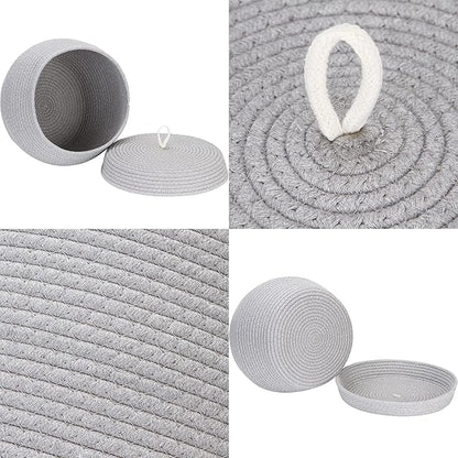 Sea Team Round Cotton Rope Storage Basket with Lid, Decorative Woven Storage Bin, Pot, Caddy, Organizer, Container for Snacks, Towels, Plants, 13 x 9 Inches (Large, Grey)