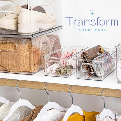 Plastic Food Storage Clear Container Bin with Handles for Organizing Kitchen, Pantry, Refrigerator, Freezer, Pantry, Cabinet, Closet, Bathroom. 10"X4"3"