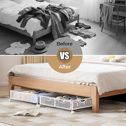 Yecaye Under Bed Storage with Wheels, 2 Pack Under Bed Shoe Storage Organizer Drawer, Tool-free Assembly Metal Underbed Storage Containers for Clothes, Shoes, White