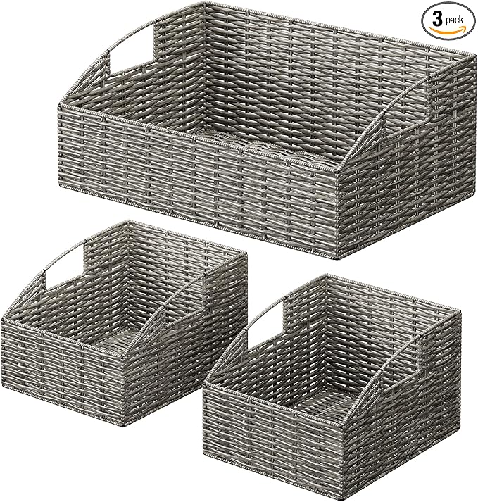 Rattan Storage Baskets, Handwoven Wicker Storage Bins with Built-in Handles, Storage Container Baskets for Shelves, Bedroom, Bathroom, Laundry Room or Kitchen(Grey)