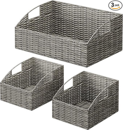 Rattan Storage Baskets, Handwoven Wicker Storage Bins with Built-in Handles, Storage Container Baskets for Shelves, Bedroom, Bathroom, Laundry Room or Kitchen(Grey)