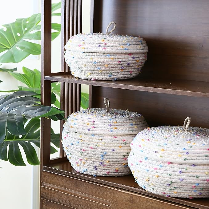 Sea Team Round Cotton Rope Storage Basket with Lid, Decorative Woven Storage Bin, Pot, Caddy, Organizer, Container for Snacks, Towels, Plants (Rainbow, Small/2-Pack)