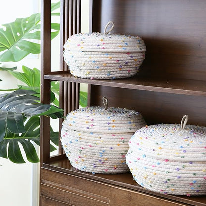 Sea Team Round Cotton Rope Storage Basket with Lid, Decorative Woven Storage Bin, Pot, Caddy, Organizer, Container for Snacks, Towels, Plants (Rainbow, Small/2-Pack)