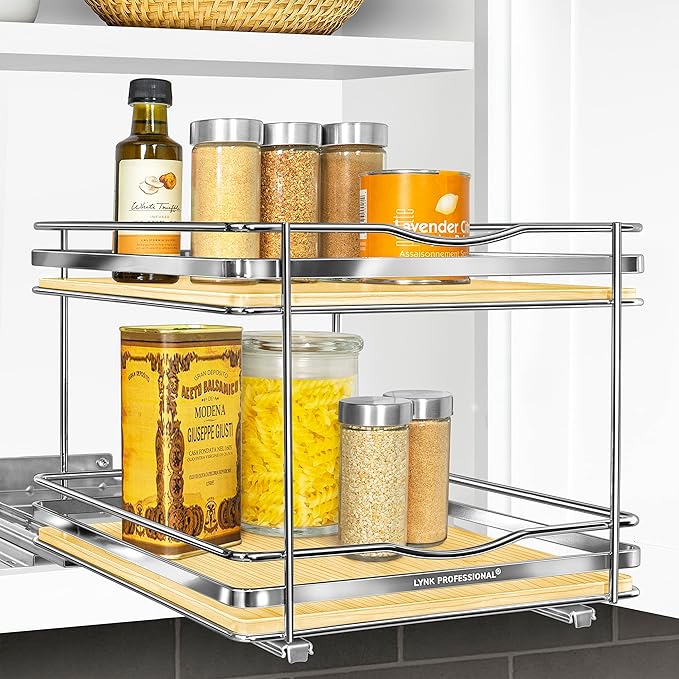 LYNK PROFESSIONAL® Élite™ Pull Out Spice Organization for Cabinets - 10-3/8 inch Wide – Spice Rack for Inside Cabinets – Wood/Chrome - Sliding Spice Rack Organizer for cabinet – Spice Rack - 2 Tier