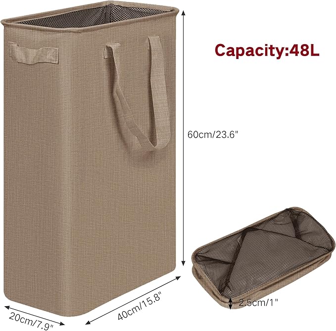 efluky Slim Laundry Basket, Narrow Laundry Hamper with Handles, Collapsible Dirty Clothes Hamper, Tall Laundry Bin for Laundry Room, Dorm and Bedroom, 12.7 Gallons(48L) Flax Brown