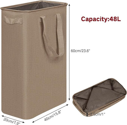 efluky Slim Laundry Basket, Narrow Laundry Hamper with Handles, Collapsible Dirty Clothes Hamper, Tall Laundry Bin for Laundry Room, Dorm and Bedroom, 12.7 Gallons(48L) Flax Brown
