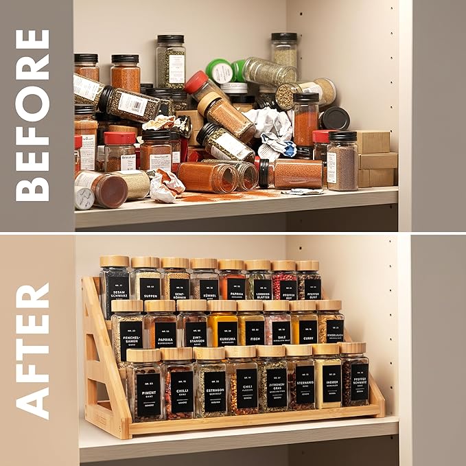 EDELHAUS 3 Tier Bamboo Spice Rack Organizer for Cabinet – Fits 24 Spice Jars, 17.5” Wide Countertop & Cabinet Organizer for Kitchen Organization, Seasoning Organizer Shelf (Jars Not Included)