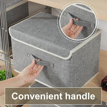 Storage Boxes, Collapsible Storage Bins with Lids, Cotton and linen cloth Storage Baskets with Handle, for Books, Closet, Bedroom, Home, 15x9.8x9.8 in, Grey