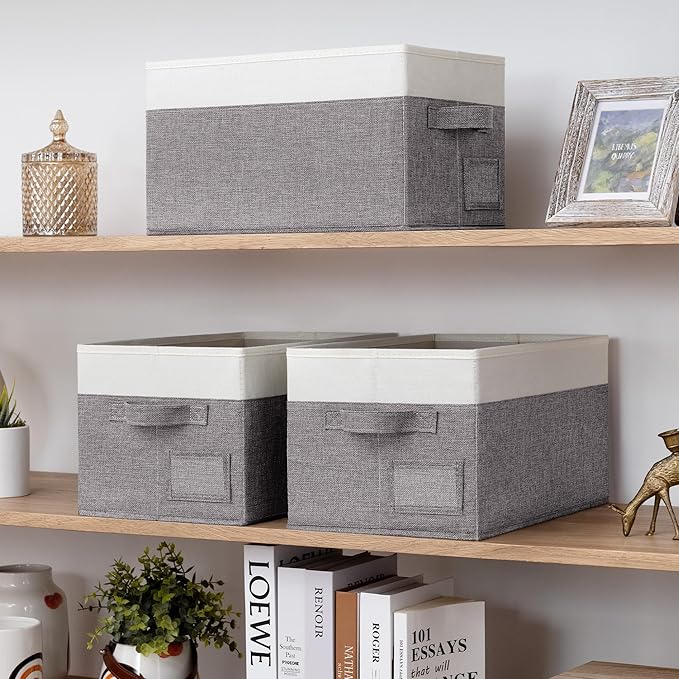 GRANNY SAYS Fabric Storage Bins, Closet Storage Bins for Clothes, Shelf Storage Baskets with Handles, Collapsible Storage Boxes, Decorative Storage Containers, Gray&White, Medium, 3-Pack