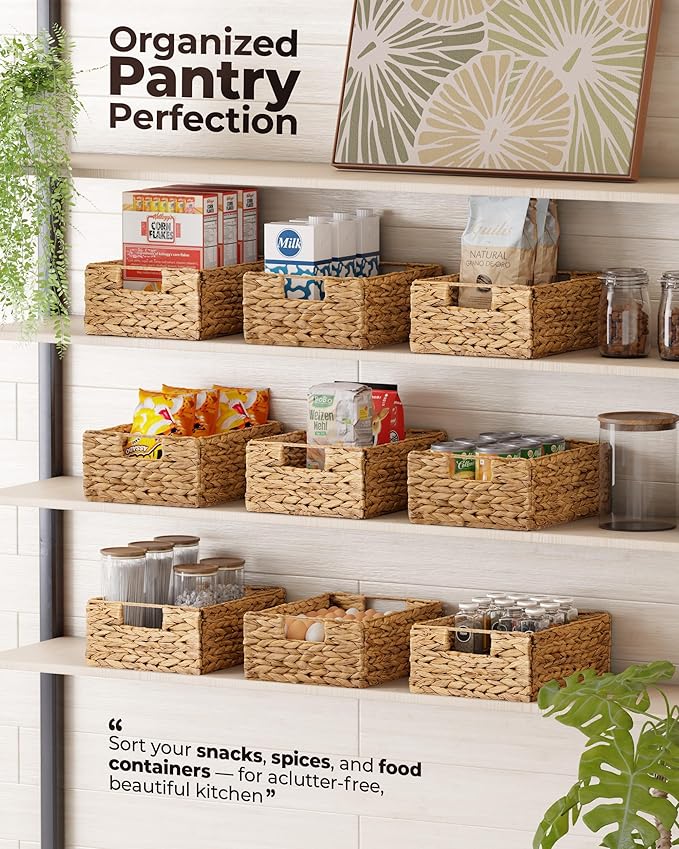 BLUEWEST Water Hyacinth Storage Baskets (Set of 6) – Woven Hyacinth Organizer with Carrying Handles, Laundry Basket for Organizing, Rattan Bin for Shelves