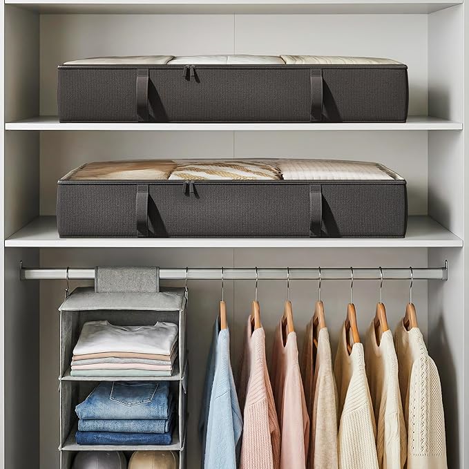 Vailando Under Bed Storage Containers, 6 Inches Tall 60L Underbed Storage Bins with Sturdy Handles and Sidewalls, Closet Organizer for Clothes, Blankets, Seasonal Items, Black, 2-Pack