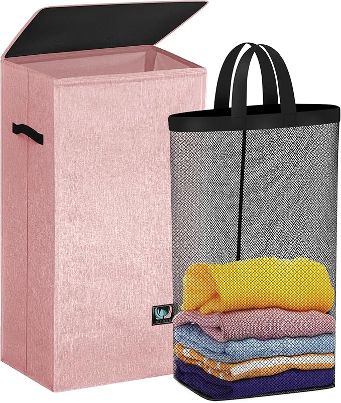 WTREE Laundry Hamper with Lid, Reinforced Sturdy Clothes Hamper with Anti-Puncture Base, Large Collapsible Laundry Basket with Removable Liner Bag, Tall Dirty Clothes Bin for Family, 100L Pink