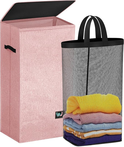 WTREE Laundry Hamper with Lid, Reinforced Sturdy Clothes Hamper with Anti-Puncture Base, Large Collapsible Laundry Basket with Removable Liner Bag, Tall Dirty Clothes Bin for Family, 100L Pink