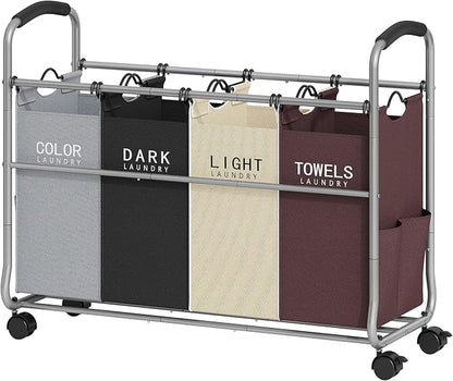 Tajsoon Laundry Sorter 4 Sections, Laundry Separator Hamper with Heavy Duty Lockable Rolling Wheels, Laundry Divider with Removable Bags for Dirty Clothes Storage, 4 Colors