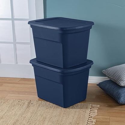 Sterilite 18 Gal Storage Tote, Stackable Bin with Lid, Plastic Container to Organize Clothes in Closet, Basement, Blue Base and Lid, 8-Pack
