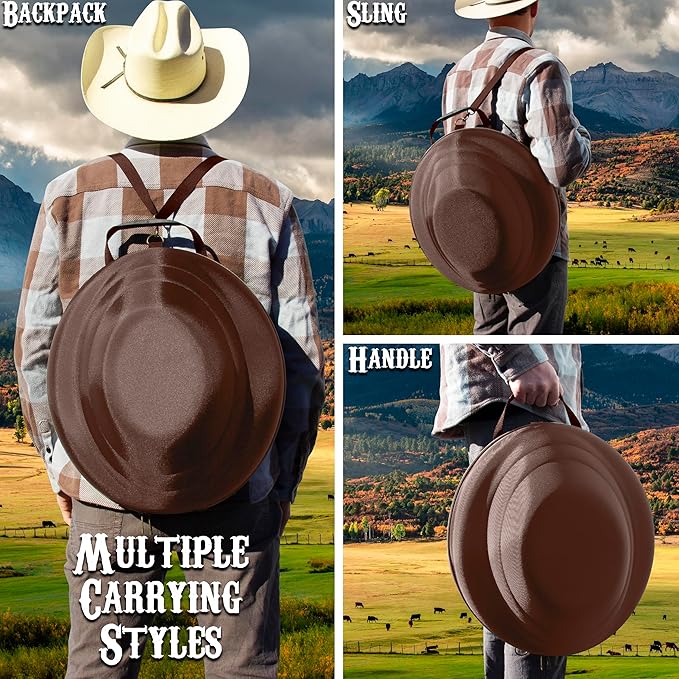 CASEMATIX Cowboy Hat Box - Portable Hat Storage for Brims Up To 4.75" - Hard Shell Case with Carry Strap, ID Slot and Foam Insert for Dipping Brims, Brown