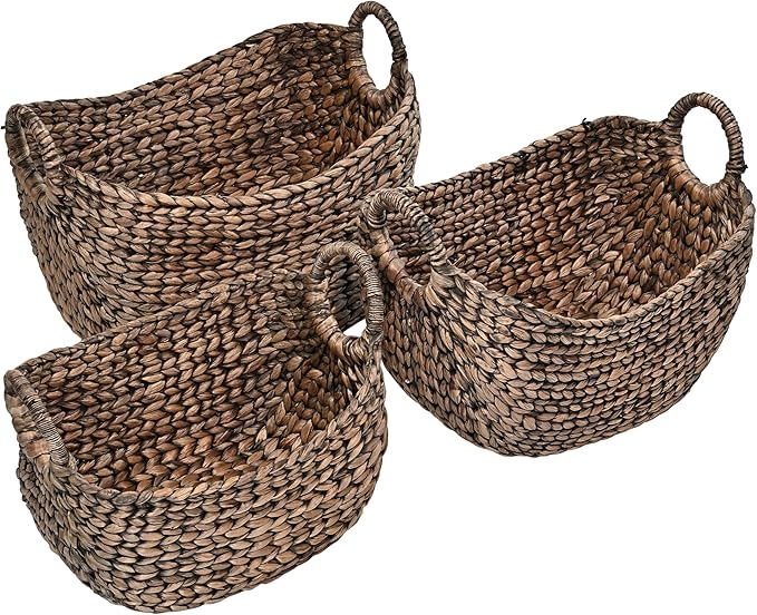 happimess BSK2002B-3SET Nellie Farmhouse Classic Handwoven Hyacinth Boat Wicker Storage Baskets with Handles, Brown (Set of 3), Seagrass Containers for Decoration in Living Room, Bedroom