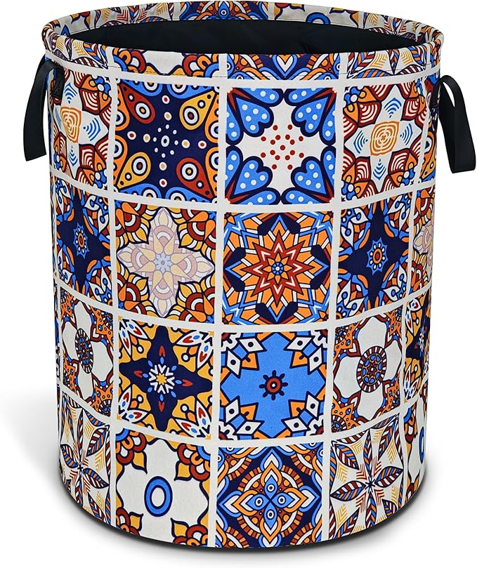 Mexican Tiles Pattern Laundry Basket Mandala Flowers Foldable Oxford Cloth Funny Tote Bag Laundry Hamper Clothes Storage Bucket Toy Organizer For Bathroom/Laundry Storage/Bedroom 17.7x13.7