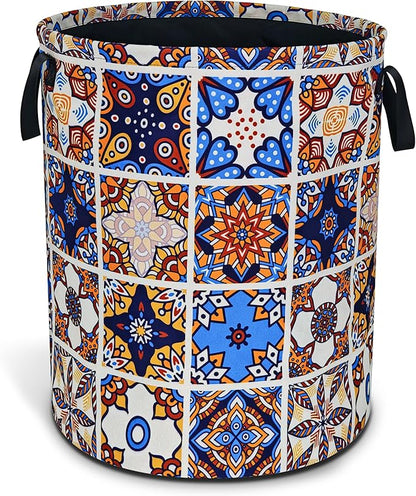 Mexican Tiles Pattern Laundry Basket Mandala Flowers Foldable Oxford Cloth Funny Tote Bag Laundry Hamper Clothes Storage Bucket Toy Organizer For Bathroom/Laundry Storage/Bedroom 17.7x13.7
