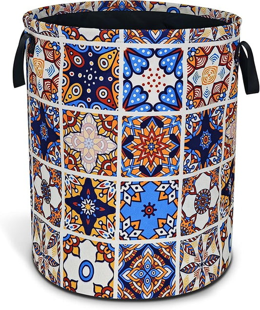 Mexican Tiles Pattern Laundry Basket Mandala Flowers Foldable Oxford Cloth Funny Tote Bag Laundry Hamper Clothes Storage Bucket Toy Organizer For Bathroom/Laundry Storage/Bedroom 17.7x13.7