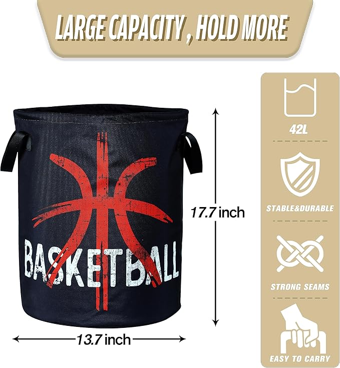 Basketball Laundry Basket Ball Foldable Oxford Cloth Funny Tote Bag Laundry Hamper Clothes Storage Bucket Organizer For Bathroom/Laundry Storage/Bedroom 17.7x13.7 Inch
