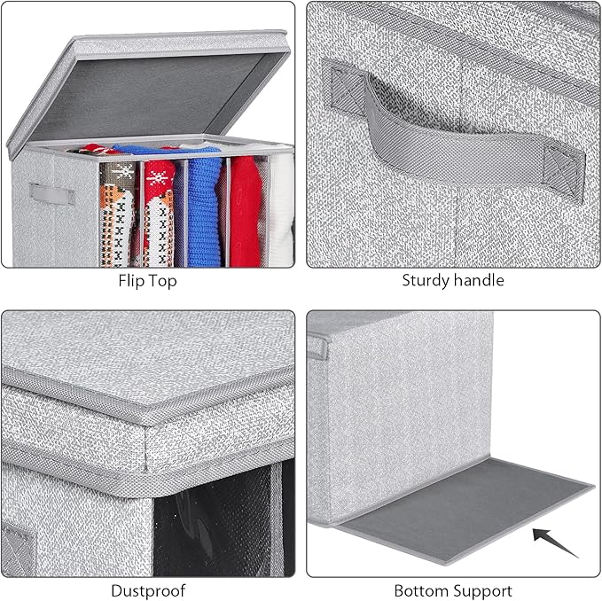 Zilink Upgraded Sweater Storage for Closet Shelf with Lids and Support Boards Clothes Organizer for Closet with 5 Grids Divider Sweater Organizers for Sweaters, Jeans, Pants, Grey Pattern, 3 Pack