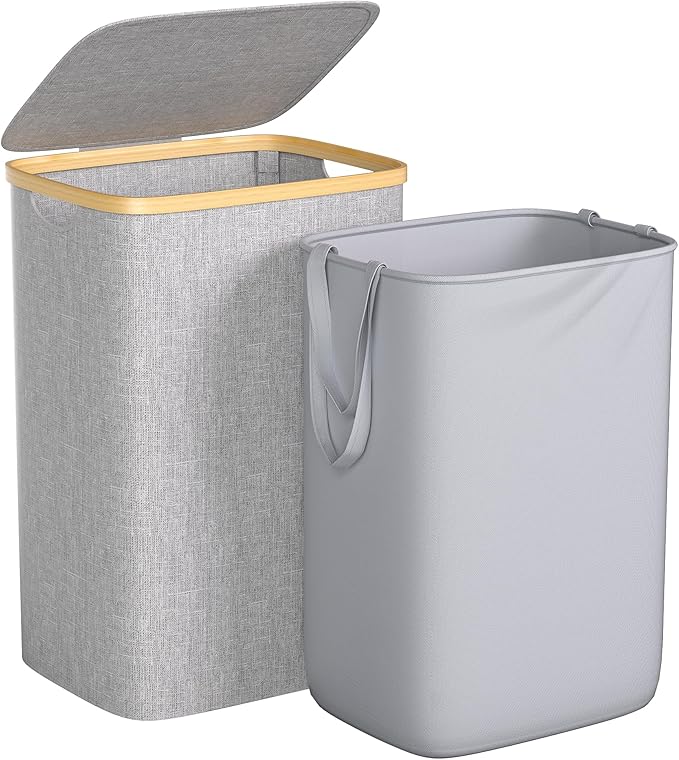 Foluck Large Laundry Hamper, 75L Waterproof Laundry Basket with Lid and Removable Bag, Collapsible Tall Clothes Hamper with Bamboo Handles for Clothes Toys in Dorm Bedroom Bathroom, Grey