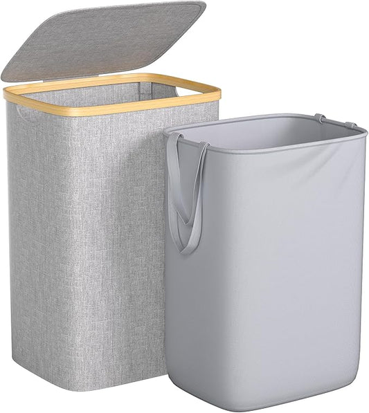Foluck Large Laundry Hamper, 75L Waterproof Laundry Basket with Lid and Removable Bag, Collapsible Tall Clothes Hamper with Bamboo Handles for Clothes Toys in Dorm Bedroom Bathroom, Grey