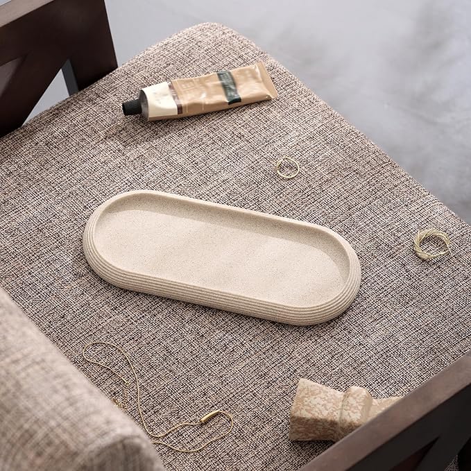 Jewelry Tray Bathtub, Resin Stone Look Decorative Perfume Tray, Bathroom Marble Vanity Organizer Plate Holder for Ring Soap Towel Small Things on Kitchen Sink Countertop (Beige, Medium)