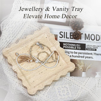 Square Travertine Vanity Tray with Scalloped Edge - Natural Stone Perfume Tray Decor for Dresser, Vanity, Kitchen, Home Decor, Decorative Square Stone Tray - Travertine 8 * 8 inch