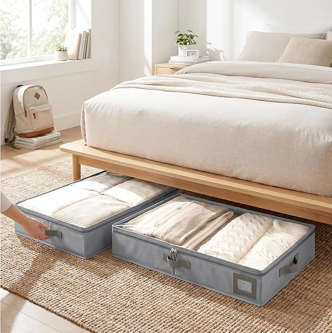 6-Inch Under Bed Storage Containers (2-Pack) | Sturdy Sidewalls | Clear Cover & Label Holder | Foldable Fabric Closet Bin Organizer | Stores Clothing/Blankets/Sweaters/Sheets