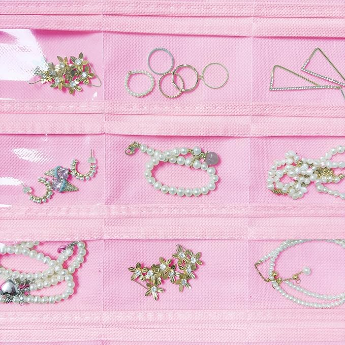 2 Pack Hanging Jewelry Organizer 80-Pocket Dual-sided Jewelry Storage for Earring Necklace Bracelet Ring Travel Holder, Pink