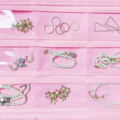 2 Pack Hanging Jewelry Organizer 80-Pocket Dual-sided Jewelry Storage for Earring Necklace Bracelet Ring Travel Holder, Pink