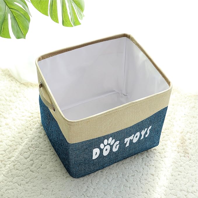 PET ARTIST Dog Toy Basket, Collapsible Dog Toy Bin Box with Comfortable Handles, Large Pet Toy Storage Basket Organizer for Accessories, Toys,Coat & Clothing,Blanket Leash (Navy Blue, L:15"x13"x12")