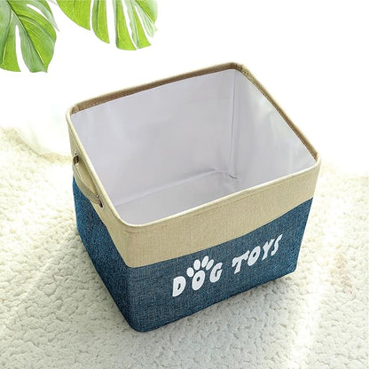 PET ARTIST Dog Toy Basket, Collapsible Dog Toy Bin Box with Comfortable Handles, Large Pet Toy Storage Basket Organizer for Accessories, Toys,Coat & Clothing,Blanket Leash (Navy Blue, L:15"x13"x12")