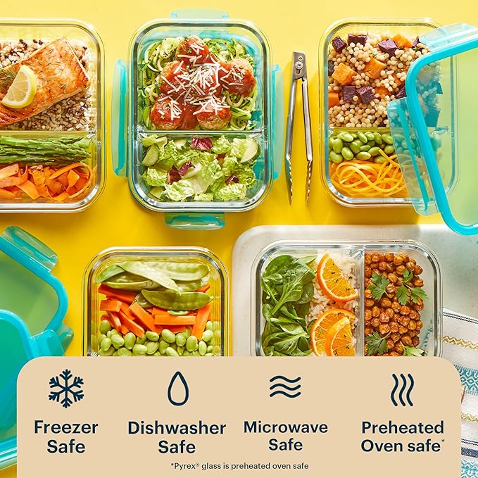 Pyrex Glass MealBox (5-Pack, 4 Cup) Divided Compartments with Locking Lids, For Meal Prepping and Portioning, BPA Free Microwave Dishwasher Safe