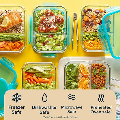 Pyrex Glass MealBox (5-Pack, 4 Cup) Divided Compartments with Locking Lids, For Meal Prepping and Portioning, BPA Free Microwave Dishwasher Safe
