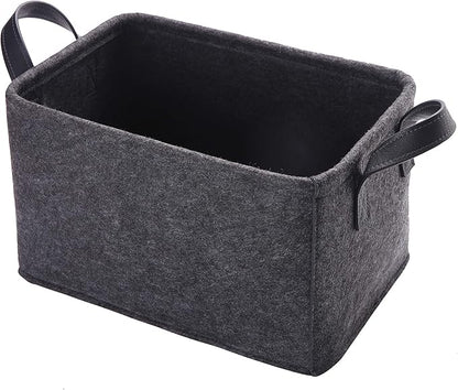 Collapsible Storage Bins Foldable Felt Fabric Storage Basket Organizer Boxes Containers with Handles PU Handles for Nursery Toys,Kids Room,Clothes,Towels,Magazine (PU-Dark grey, 15.9L×11W×9.8H)
