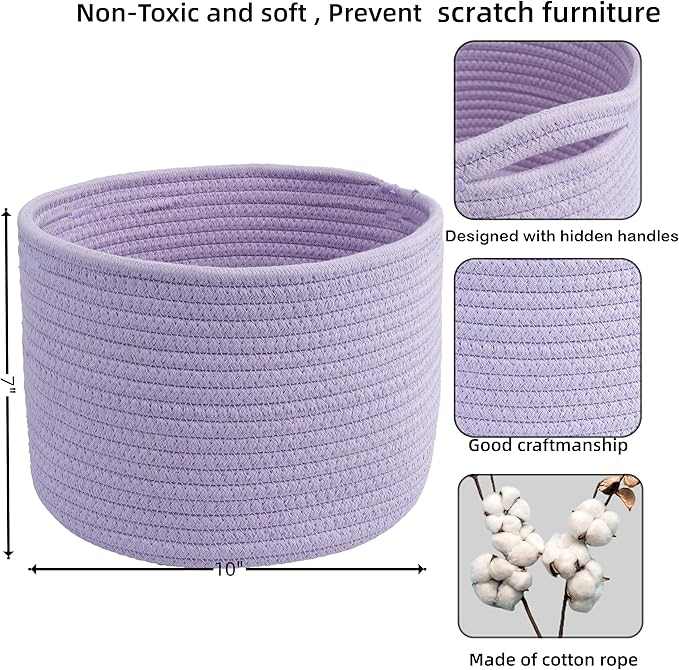 XUANGUO Small round Storage Basket - 3-Pack Round Cube Bins (10x10x7'') for Shelves, Closets & Bookcases | Durable Rope Organizers for Nursery, Baby, Toys, Easter & More (purple)
